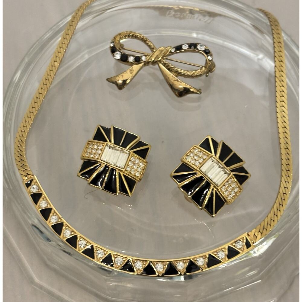 Vintage Givenchy Black Enamel/Rhinestones/Gold Necklace/Earrings/Pin SET
